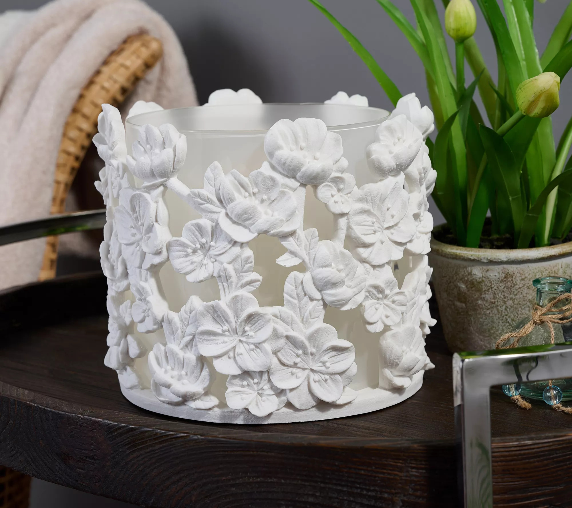 HomeWorx by Slatkin + Co. Frosted Glass Floral Hurricane - QVC.com | QVC