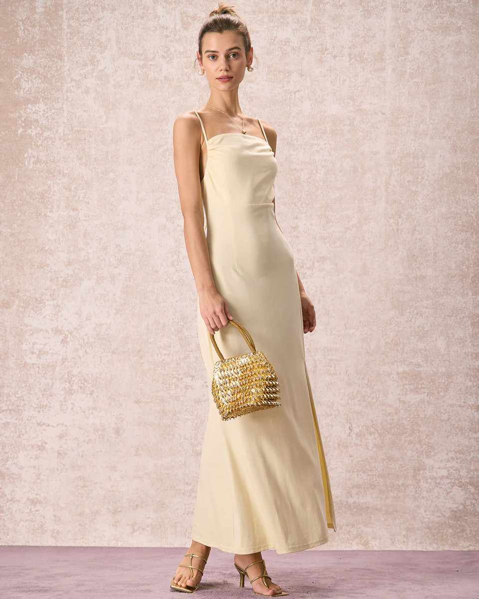 The Yellow Ruched Backless Slip Maxi Dress & Reviews - Yellow - Dresses | RIHOAS | rihoas.com