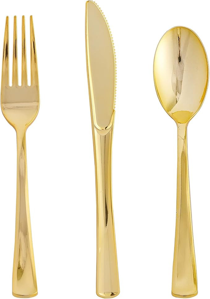 FOCUSLINE 75 Pack Gold Plastic Silverware Disposable Cutlery Set - 25 Forks, 25 Knives, 25 Spoons... | Amazon (US)