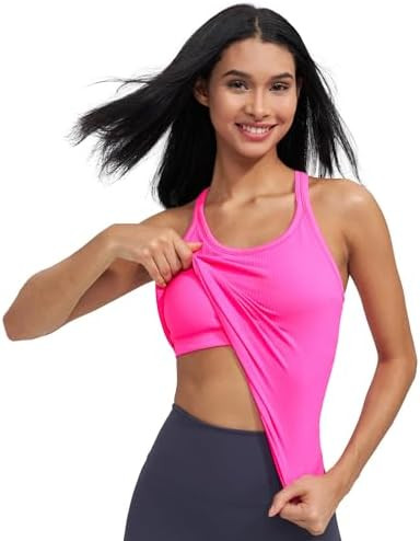 Womens Ribbed Workout Crop Tops with Built in Bra Yoga Racerback Tank Top Slim Fit | Amazon (US)