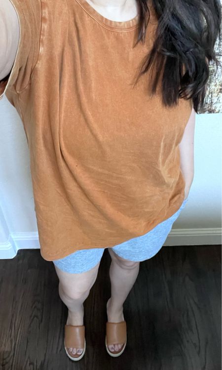 Monday OOTD for morning school drop-off. Oversized EveryWear Tunic T-Shirt. Unfortunately this color spice is sold out but they have a lot of colors in this exact same style and it’s such an easy T-shirt/tunic to wear. Highly recommend it. For casual gals. I’m wearing a large and it is oversized. Fleece Lounge Shorts - I’m wearing an XL so I would say size up one as I’m usually a large, platform espadrilles - sz 8 and so comfy.

#LTKfindsunder50 #LTKmidsize #LTKsalealert