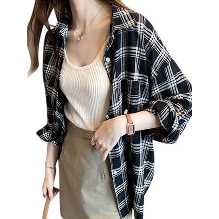 Women Long Sleeve Collared Button Down Plaid Flannel Shirt Casual Fall Work Tunic Blouses Tops | Walmart (US)