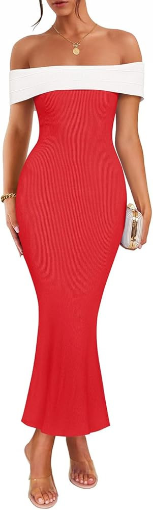 ZESICA Women's 2025 Summer Off The Shoulder Knit Maxi Dresses Sleeveless Color Block Formal Party... | Amazon (US)