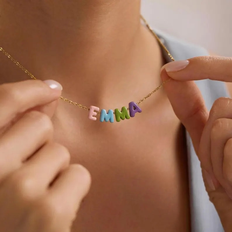 Custom Rainbow Bubble Initial Name Necklace, Colorful Tiny Balloon Name Necklace, Personalized Ne... | Etsy (Global)