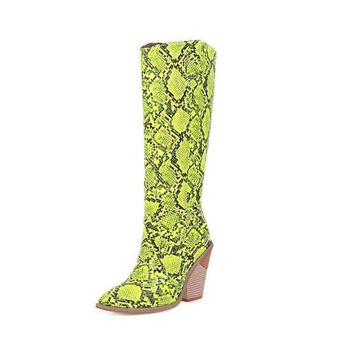 STALOV Snake Print Knee High Boots for Women Chunky Heel Pointed Toe Cowboy Boots Western Snakeskin Cowgirl Boots | Amazon (US)