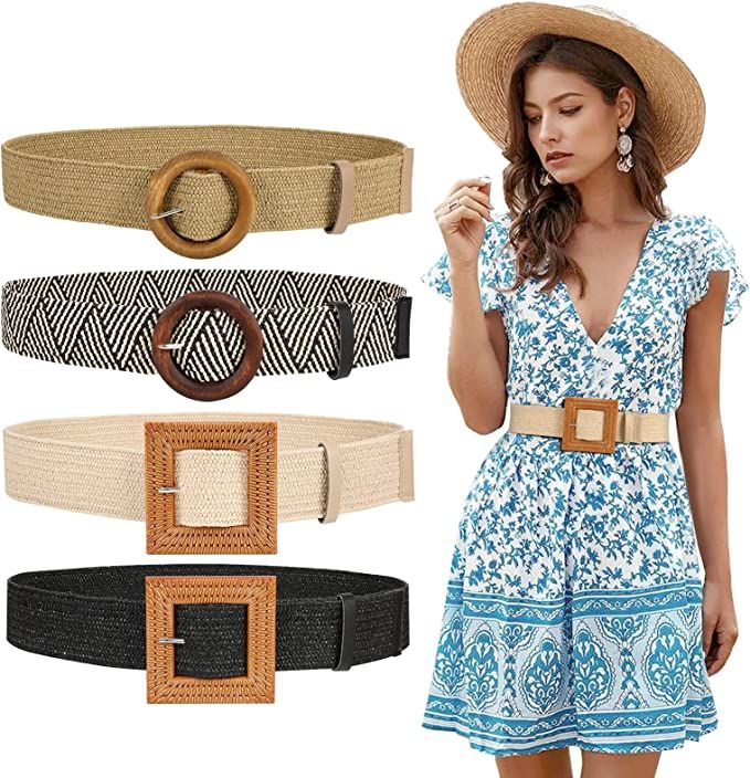 JASGOOD Straw Woven Elastic Stretch Belt for Women, Fashion Skinny Dress Boho Belt with Wooden St... | Amazon (US)