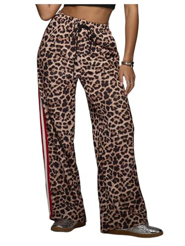 WDIRARA Women's Y2k Leopard Print Pants Elastic Waist Wide Leg Pants Trousers Bottoms Brown Cheetah Medium | Amazon (US)