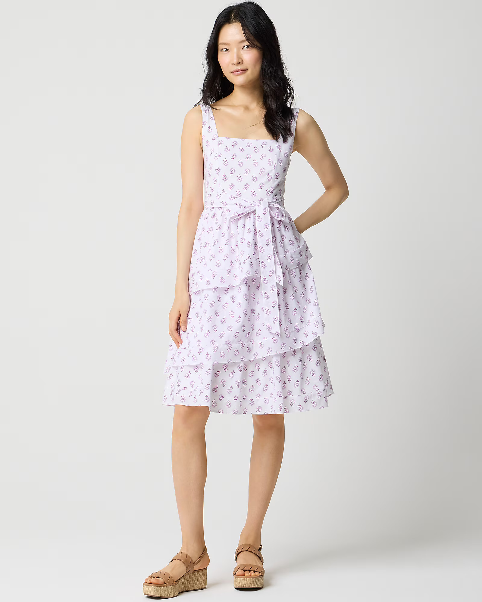 Sleeveless belted tiered midi dress | J.Crew Factory