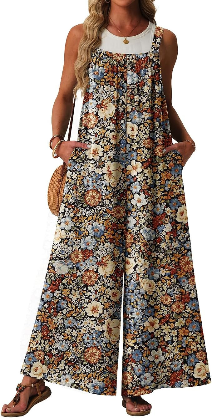 Womens Casual Jumpsuits Summer Boho Wide Leg Rompers Sleeveless Overalls Pleated Jumpers with Poc... | Amazon (US)