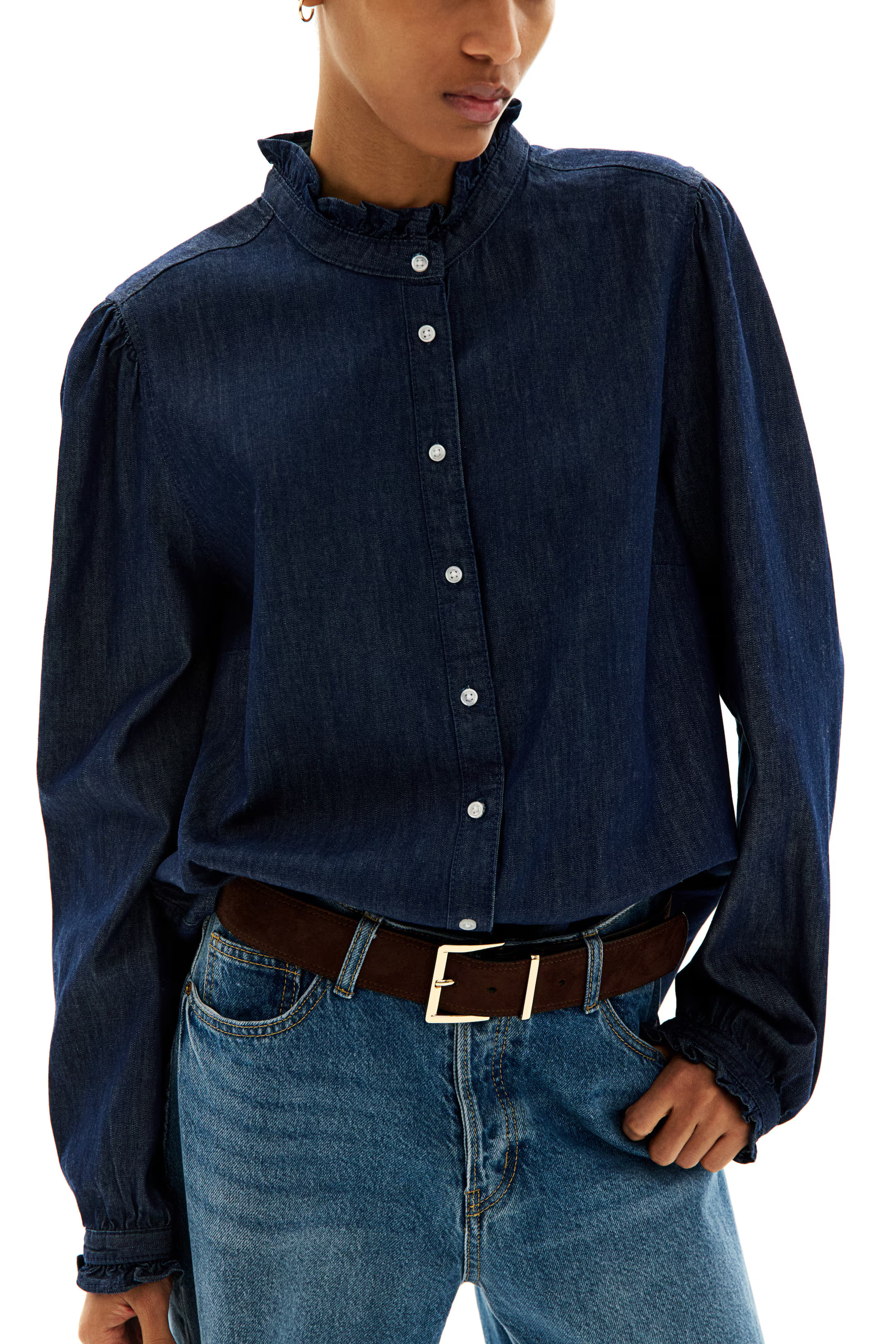 Frill-trimmed denim blouse | H&M (UK, MY, IN, SG, PH, TW, HK)