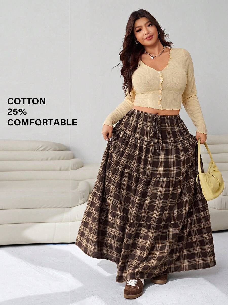 Solflare 2025 Autumn/Winter New Vintage Maillard Color Plaid Ruched Full Flare Long Skirt, Casual... | SHEIN