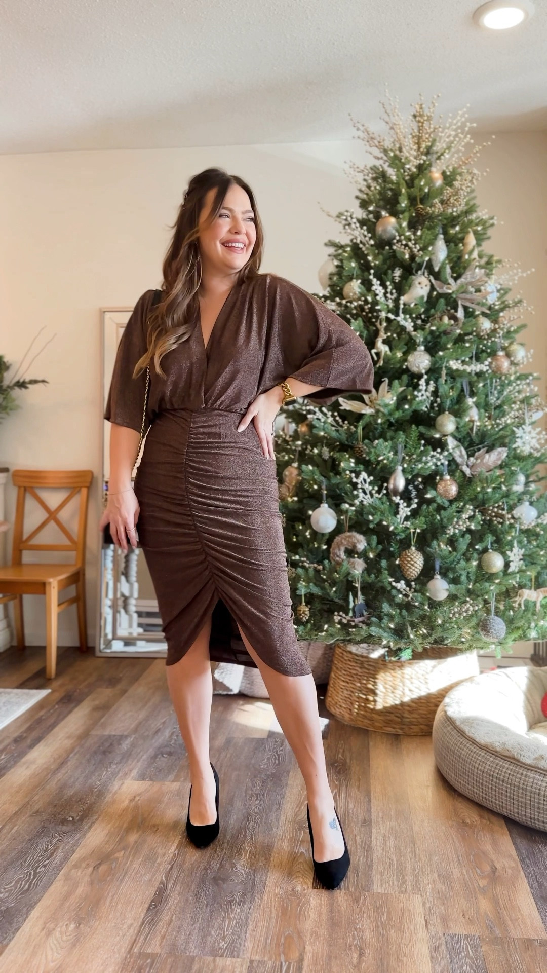 Dolman sleeve ruched sparkle dress in size large - sooo flattering!! 

#LTKHoliday #LTKVideo #LTKmidsize