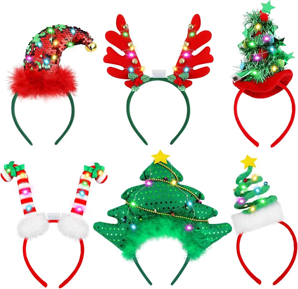 Aneco 6 Pack LED Christmas Headbands Assorted Christmas Tree Candy Canes Elf Hats Headwear Antler... | Amazon (US)