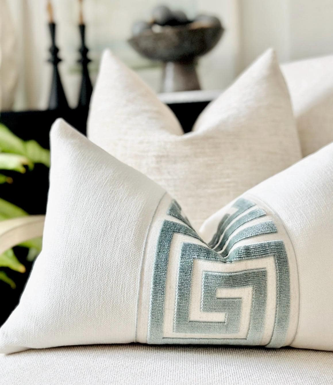 White Throw Pillow Cover with Greek Key Tape Detail | White Designer Pillow cover for sofa and bed | Modern White Accent Pillow | Etsy (Global)
