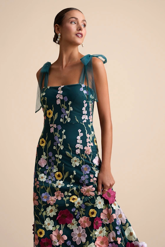 Thriving Poise Teal 3D Floral Embroidered Tie-Strap Maxi Dress | Lulus