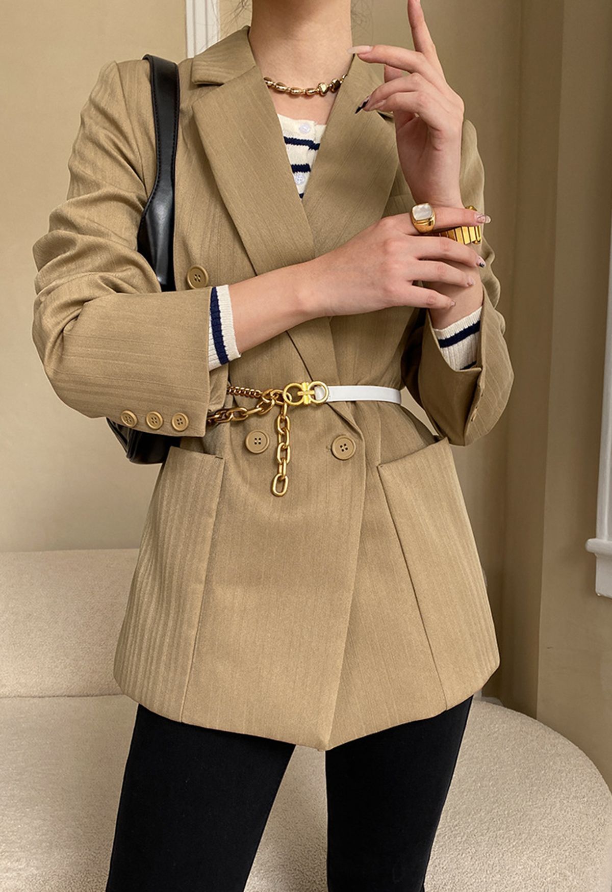 Solid Color Textured Double-Breasted Blazer in Tan | Chicwish