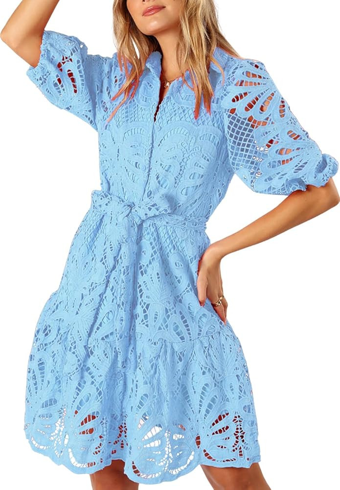 Women's Summer Hollow Out Lace Mini Dress Lantern Sleeve Lapel Button Ruffle Casual Beach Party D... | Amazon (US)