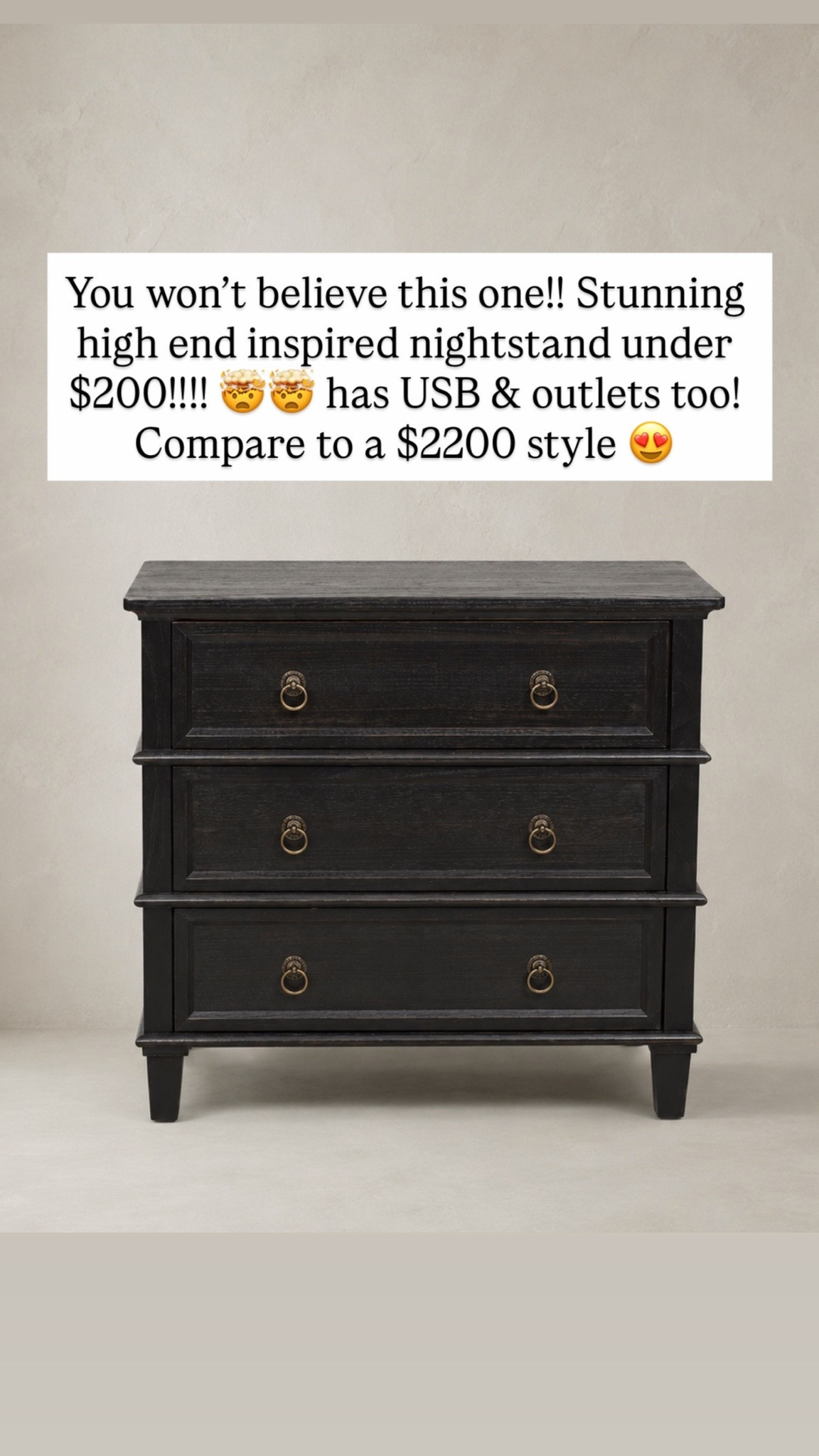 You won’t believe this one!! Stunning high end inspired nightstand under $200!!!! 🤯🤯 has USB & outlets too! Compare to a $2200 style 😍
