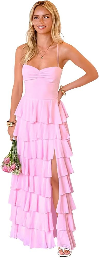 Tiered Ruffle Bridesmaid Dresses for Women Chiffon Spaghetti Straps Prom Formal Evening Dress wit... | Amazon (US)