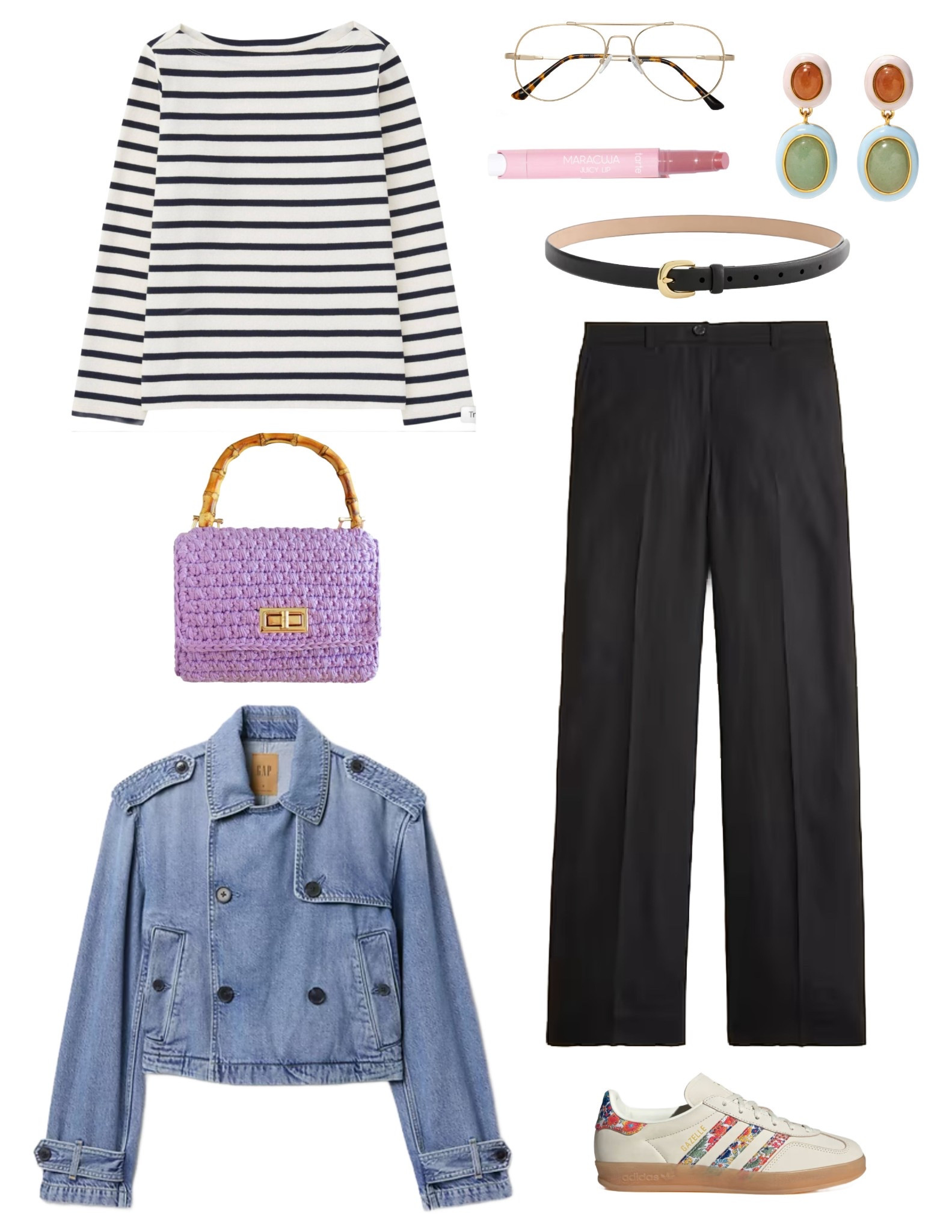 How to style a Breton striped shirt with a denim jacket including lavender colored accessories.

#LTKMidsize #LTKSeasonal #LTKOver40