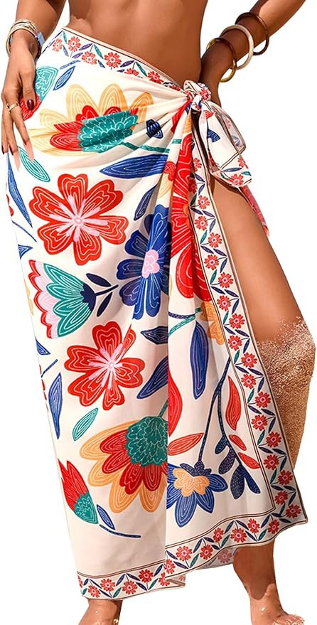 Herseas Women Sheer Sarong High Slit One Size Swimsuit Coverups 2026 Summer Floral Print Chiffon ... | Amazon (US)