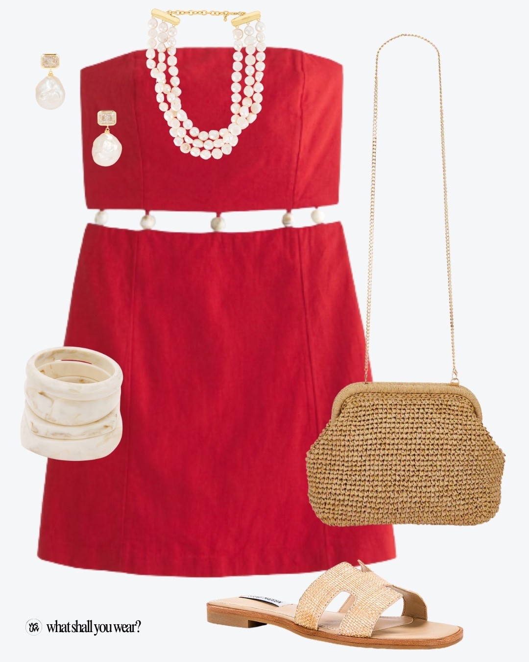 Fourth of July outfit idea, Americana outfit idea, red dress, Fourth of July dress, Americana dress, linen dress, strapless dress, summer dress, cutout dress, straw bag, crossbody bag; summer bag, straw sandals, summer sandals, pearl necklace, pearl earrings, statement necklace, chunky bracelets, summer outfit idea, coastal outfit idea, Americana outfit 

#LTKItBag #LTKSummerEdit #LTKShoeCrush