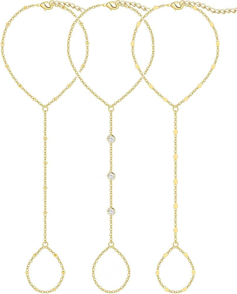 3PCS 14K Gold-Plated Hand Chain Bracelets for Women, Stack Bracelets Set Adjustable, Trendy Daint... | Amazon (US)