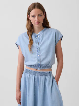 Denim Cap-Sleeve Crop Button-Front Top | Gap (US)