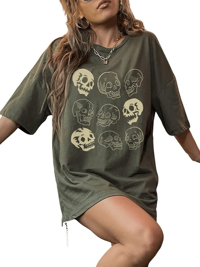 WDIRARA Women's Skull Print Half Sleeve Drop Shoulder Oversized Tee Casual T Shirts | Amazon (US)