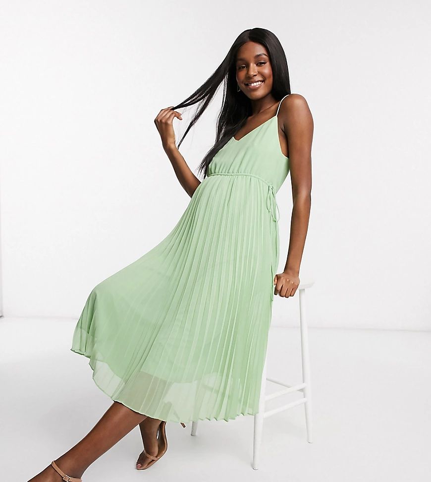 ASOS DESIGN Maternity pleated cami midi dress with drawstring waist in sage green | ASOS (Global)