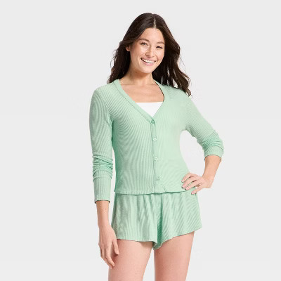 Women's Cozy Ribbed Long Sleeve Button Front Cardi Top - Auden™ Mint XS | Target