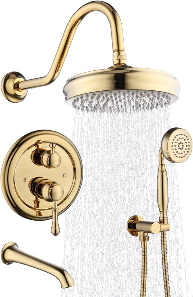 Enga Bright Gold Brass Shower Tub Faucet System Antique 8inch Rainfall Shower with Spout and Hand... | Amazon (US)