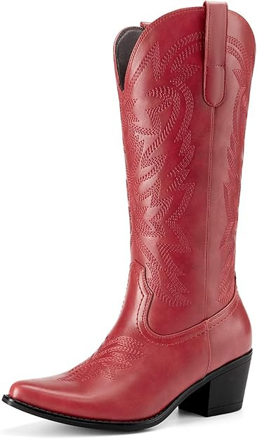 Athlefit Cowboy Cowgirl Boots for Women Fashion Low Chunky Heel Snip Toe Embroidery Western Mid C... | Amazon (US)