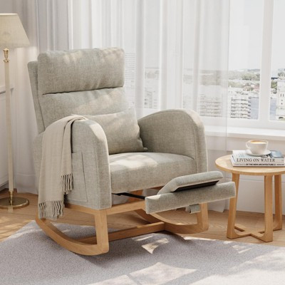 Linen Nursery Rocking Chair with Footrest, Modern Upholstered Glider Chair with Side Pockets & Pillow, Rocker Chair for Living Room Bedroom, Gray | Target