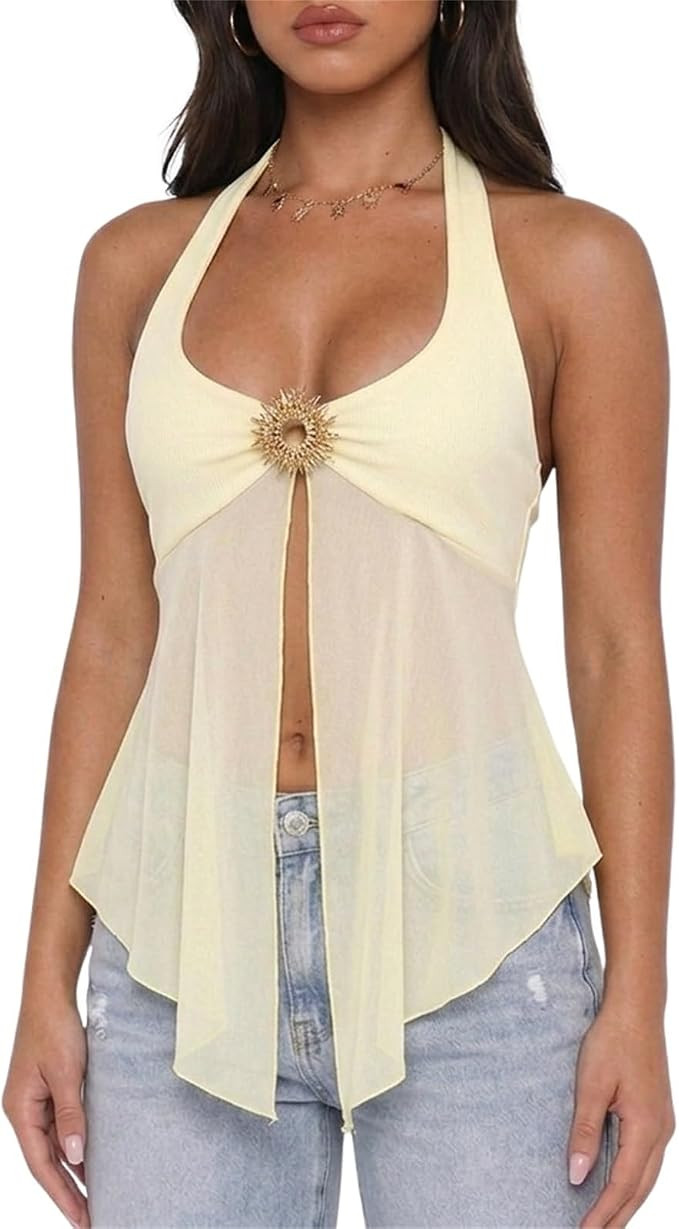 Women Y2k Sheer Mesh Halter Top See-Through Flowy Split Vest Top Sexy Going Out Clubwear | Amazon (US)