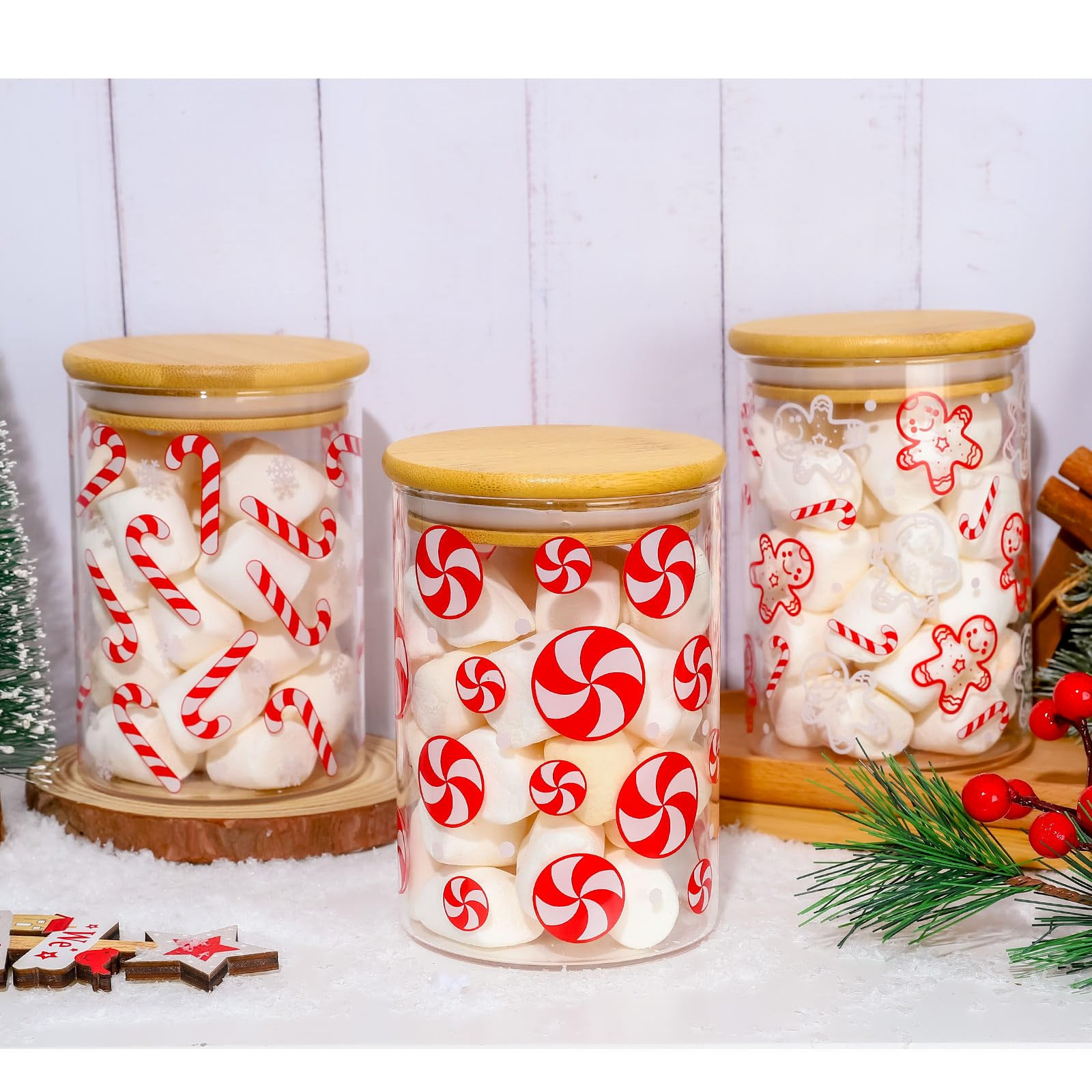 3Pcs Christmas Glass Storage Jars Red White Candy Cane Gingerbread Man Clear Canisters Sets with ... | Amazon (US)