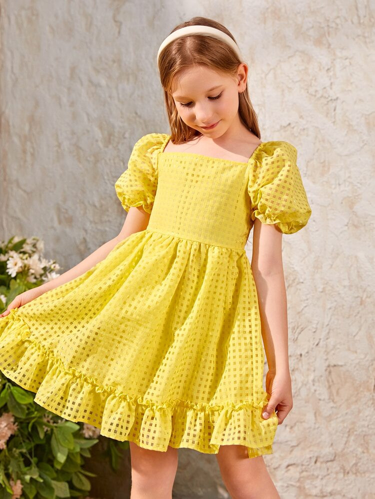 SHEIN Girls Puff Sleeve Ruffle Trim Dress | SHEIN