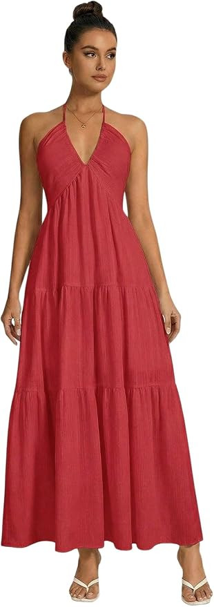 OYOANGLE Women's Summer Beach Halter Sundress Formal Wedding Guest Dress Backless Flowy Vacation ... | Amazon (US)