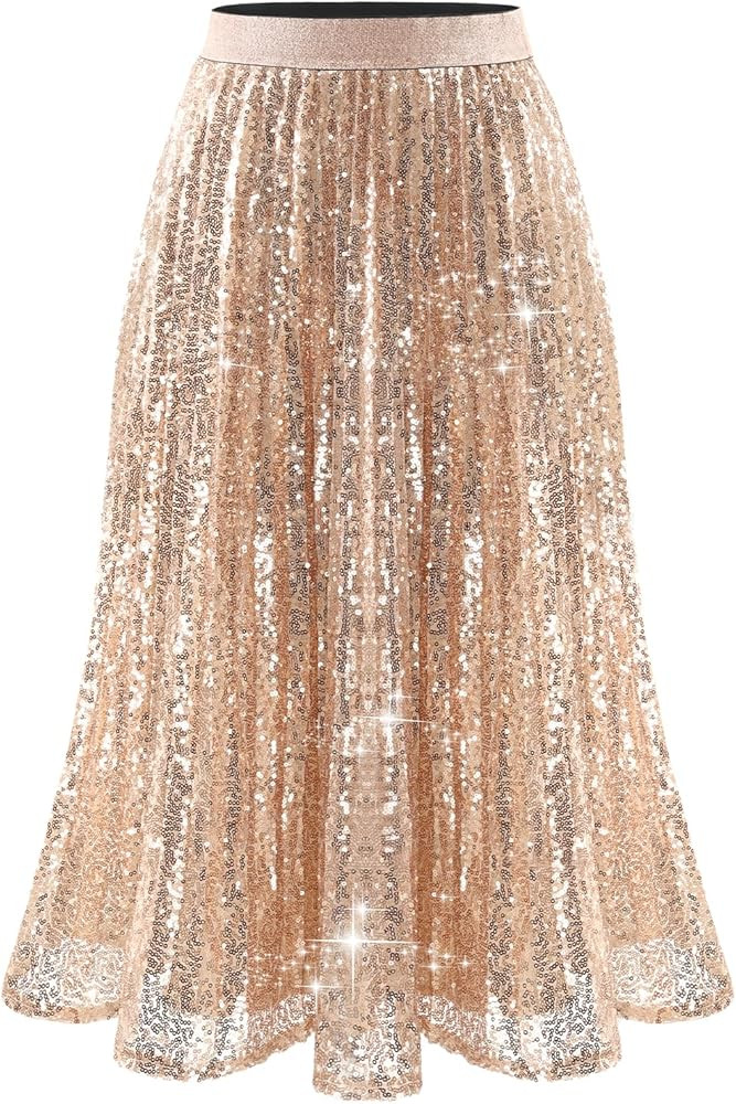Bridesmay Sequin Skirt Elastic High Waisted A-Line Sparkle Pleated Skirts for Cocktail Party 2025 | Amazon (US)