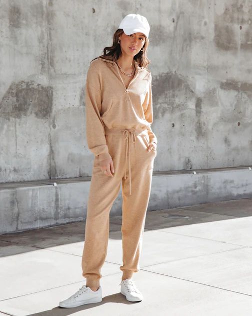 Ryker Pocketed Half Zip Knit Jumpsuit - Oatmeal | VICI Collection