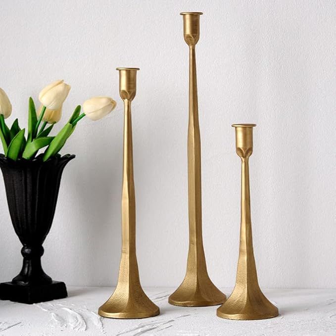 Denique Iron Taper Candle Holder Set of 3, Gold Candlestick Holders Decorative Candle Stand, Tape... | Amazon (US)