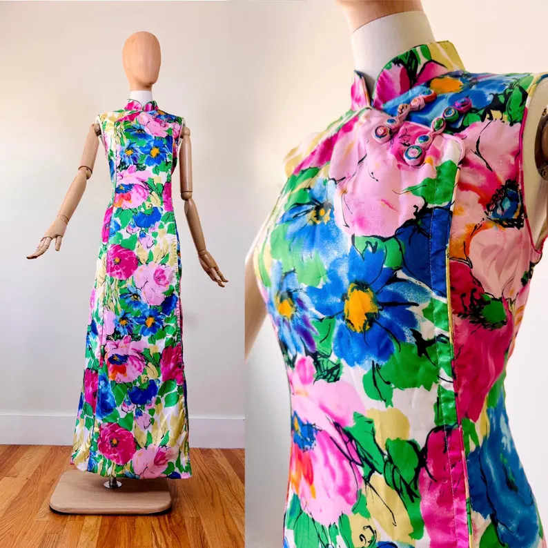 Vintage 60s mod silk floral cheongsam gown by Dynasty ~ satin ~ mandarin neck ~ maxi dress ~ hour... | Etsy (Global)