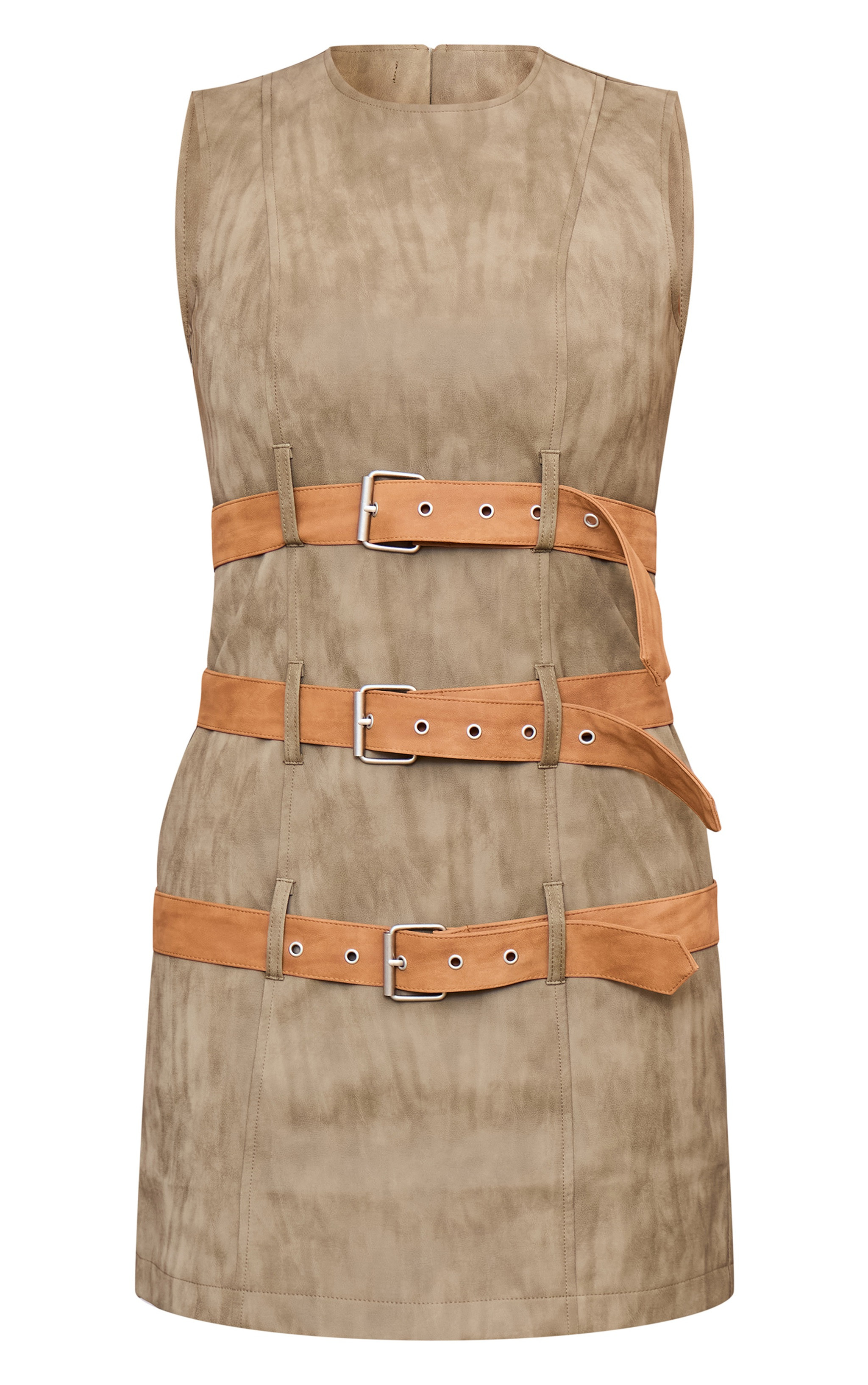 Khaki Faux Leather Belted Bodycon Dress | PrettyLittleThing US