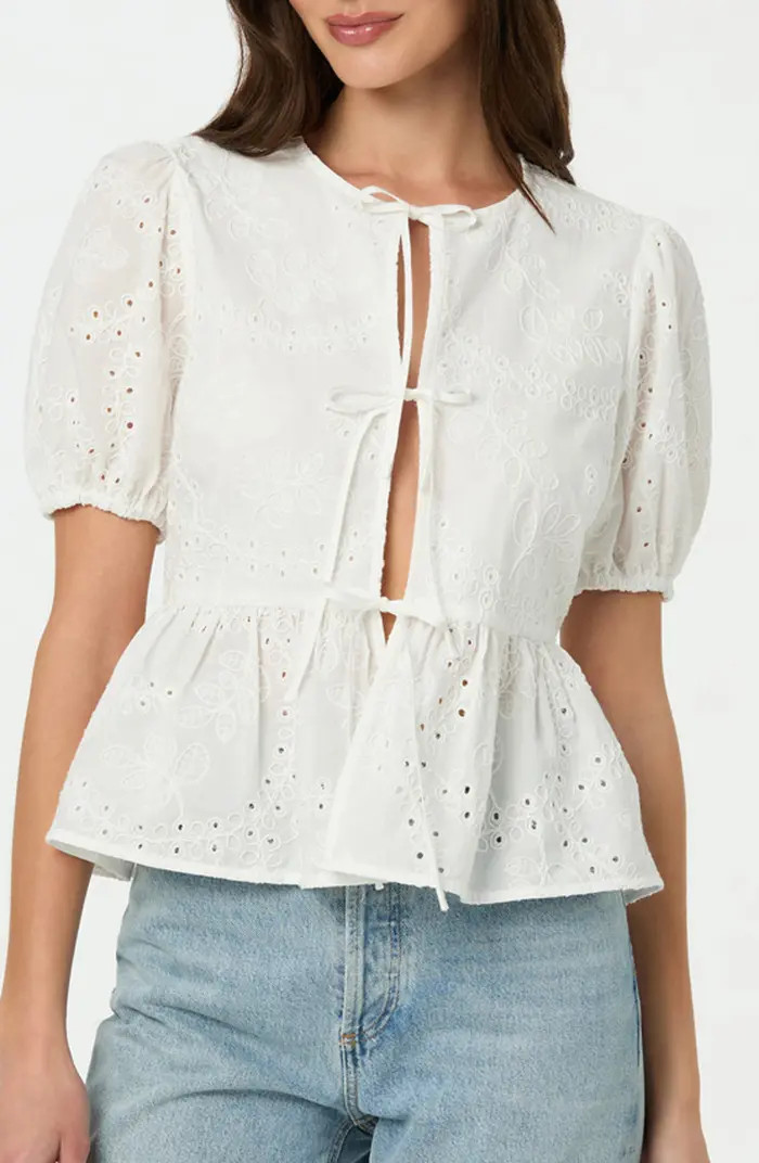 ASTR the Label Eyelet Embroidered Cotton Tie Front Peplum Top | Nordstromrack | Nordstrom Rack
