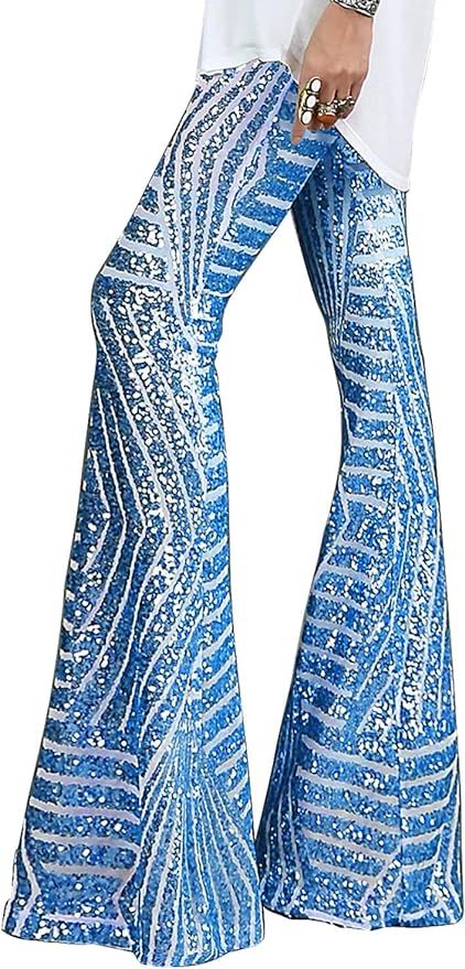 BLENCOT Sequin Pants for Women High Waist Bell Bottoms Glitter Wide Leg Palazzo Pants Night Club ... | Amazon (US)