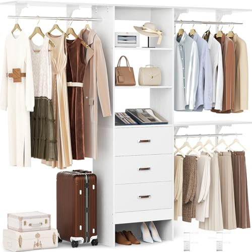 Besiost Closet System with Drawer - 8FT Wood Closet Organizer System with 3 Hanging Rods and Shelving Tower, 96" Walk In Closet Organizer Wardrobe, Heavy Duty Garment Rack Clothes Rack, White | Amazon (US)