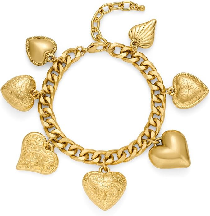 Heart Charm Bracelet for Women Chunky Matte Gold Link Chain Bracelet Vintage White Gold Love Hear... | Amazon (US)