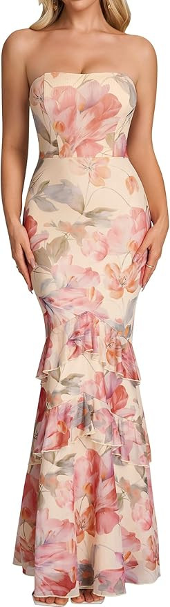 Parthea Women Strapless Floral Mermaid Maxi Dress Ruffled Bodycon Wedding Guest Formal Party Gown | Amazon (US)