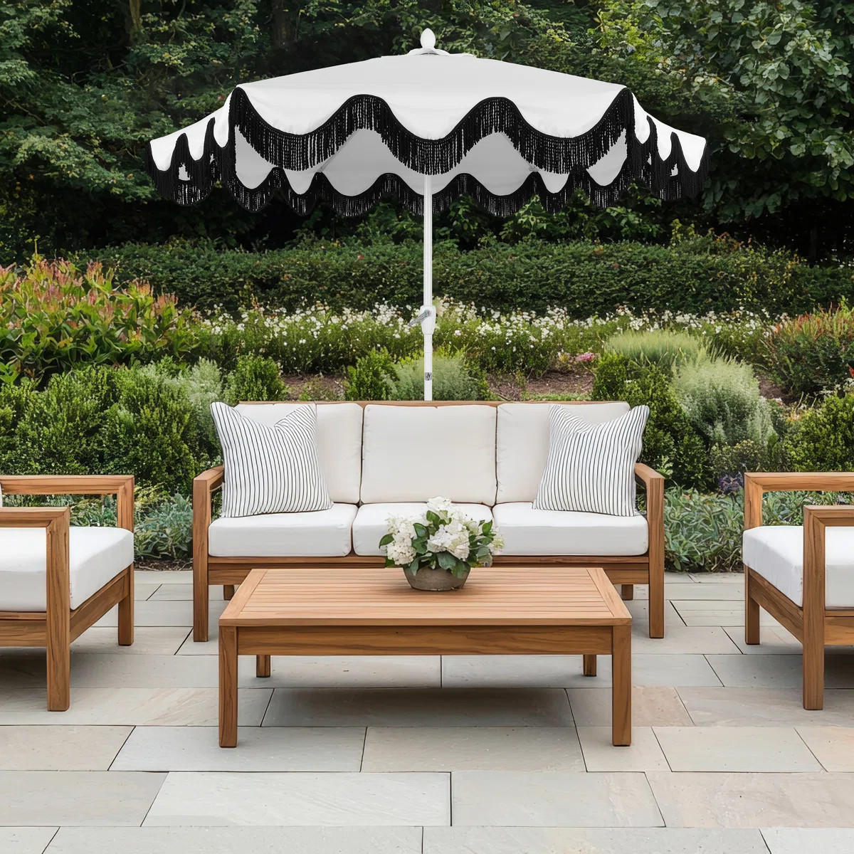 Collins 9 ft. Bohemian Fringe Outdoor Patio Umbrella with Crank Lift and Tilt, White/Black Scallo... | Wayfair North America