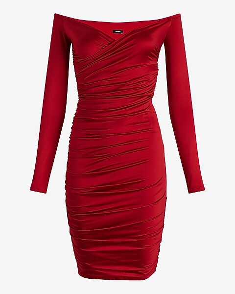 Off The Shoulder Ruched Mini Sheath Dress | Express
